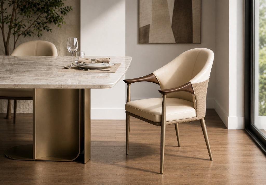 A modern dining room scene featuring a beige upholstered armchair with a curved back and dark wood armrests, positioned next to a marble-top dining table with a gold pedestal base.