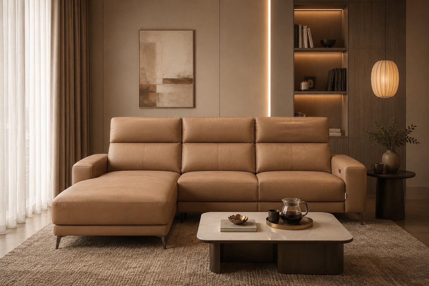 Brown sectional sofa in a modern living room with a coffee table and decorative items.