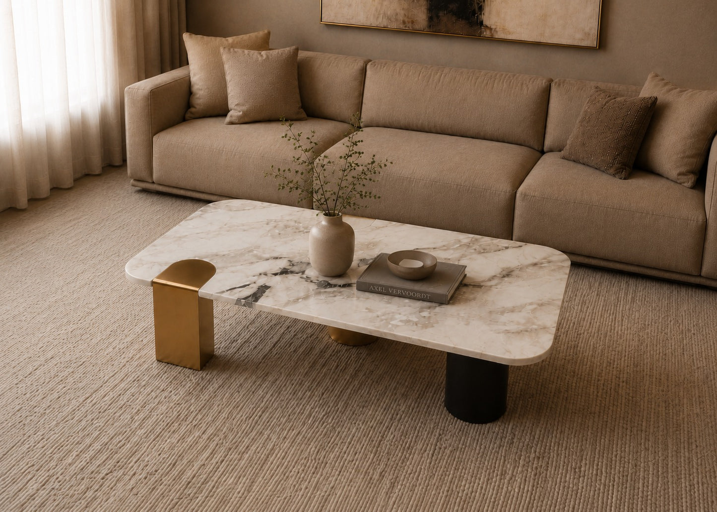 Modern living room with a beige sectional sofa and marble coffee table.