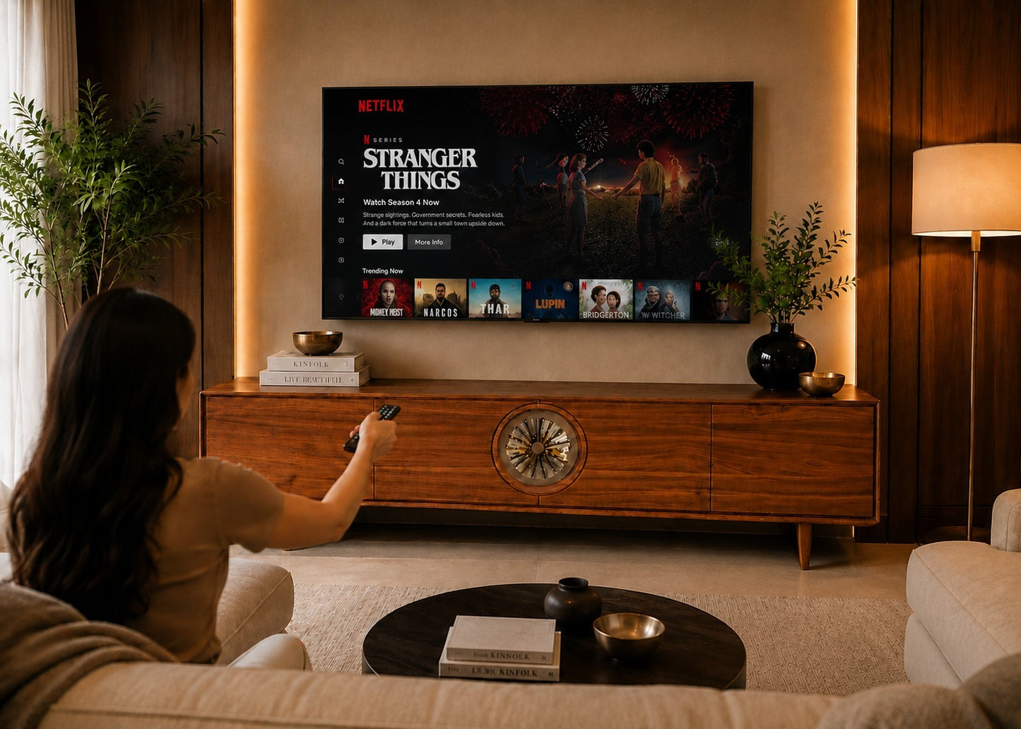 Person sitting on a couch in a living room, watching 'Stranger Things' on Netflix.