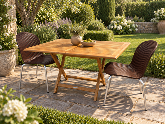 A wooden outdoor dining table with two dark brown woven chairs on a stone patio in a lush garden setting.