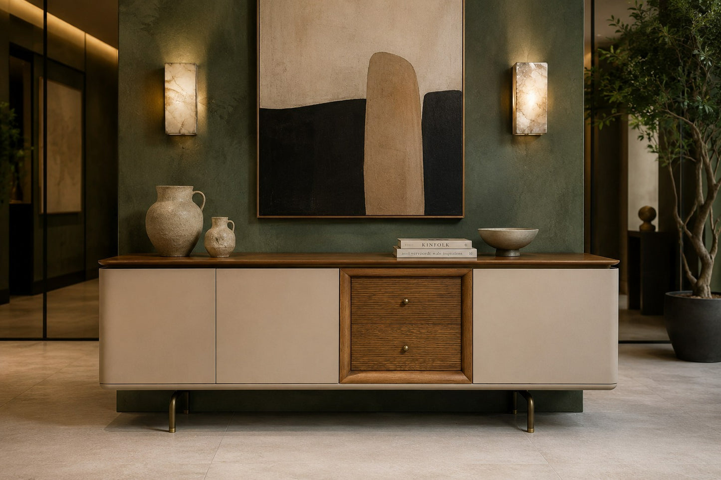 Modern living room with a wooden sideboard, abstract painting, and decorative items.
