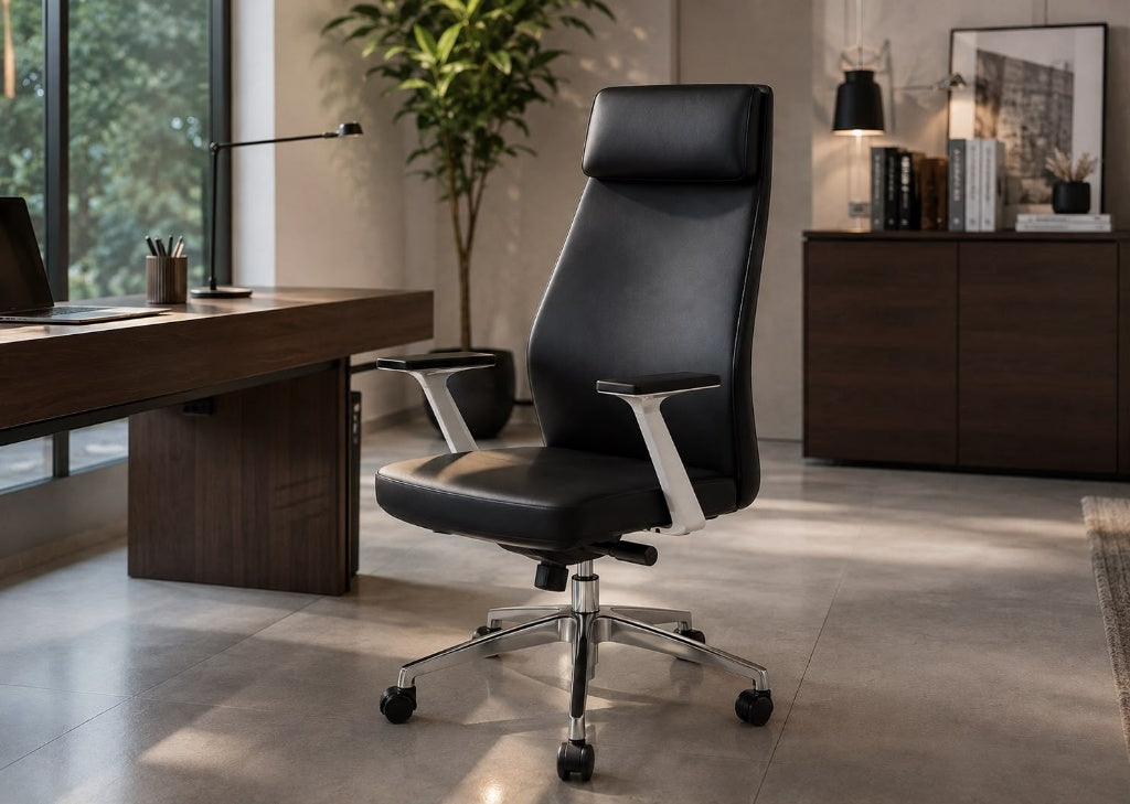 A black leather high-back office chair with silver armrest supports and a chrome five-star wheeled base, positioned in a modern office setting next to a wooden desk.