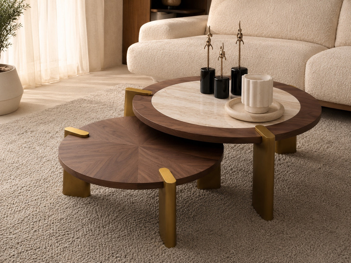 Wooden coffee table with decorative items in a living room setting