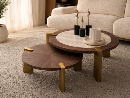 Wooden coffee table with decorative items in a living room setting