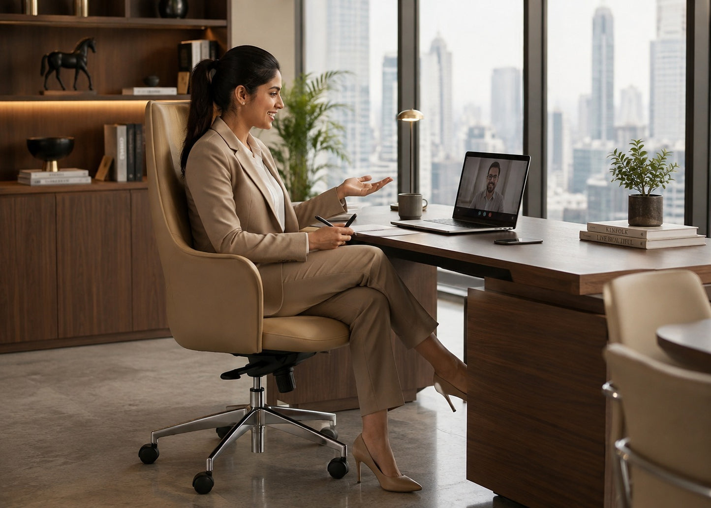 A woman in a beige suit sits in a tan office chair at a wooden desk, working on a laptop in a modern office with a city skyline view.