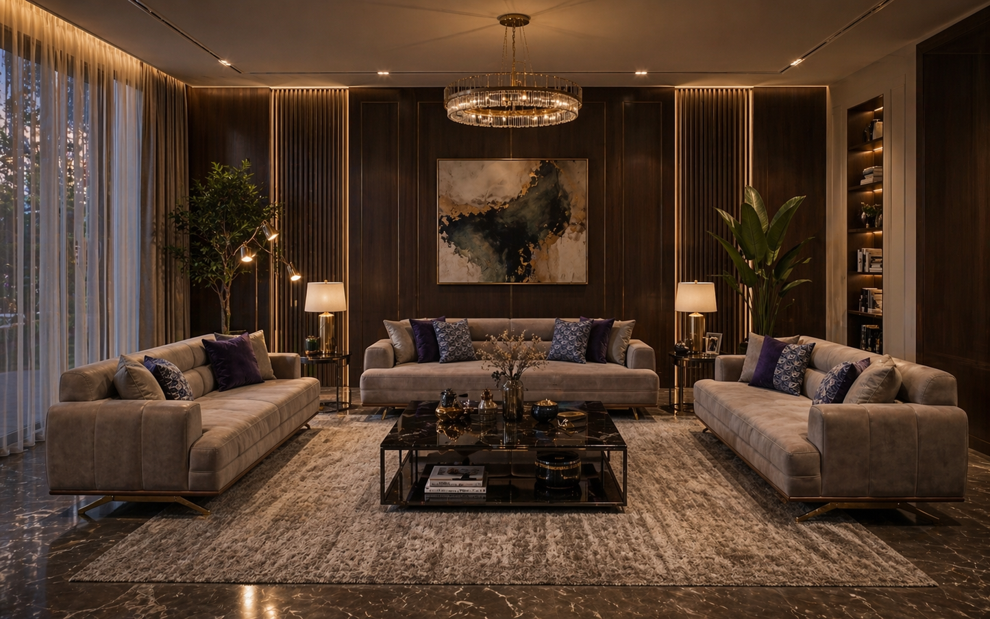 Modern living room with gray sofas, coffee table, and decorative elements.