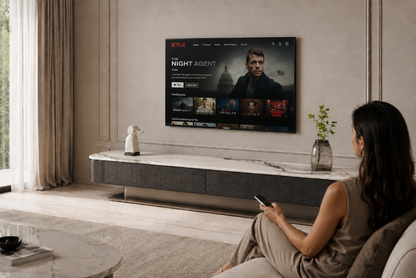 A woman sits on a sofa in a modern living room, holding a remote and watching a large wall-mounted TV displaying the Netflix streaming interface. The room has neutral beige walls, a floating white and gray media console, and soft natural light from a window on the left.
