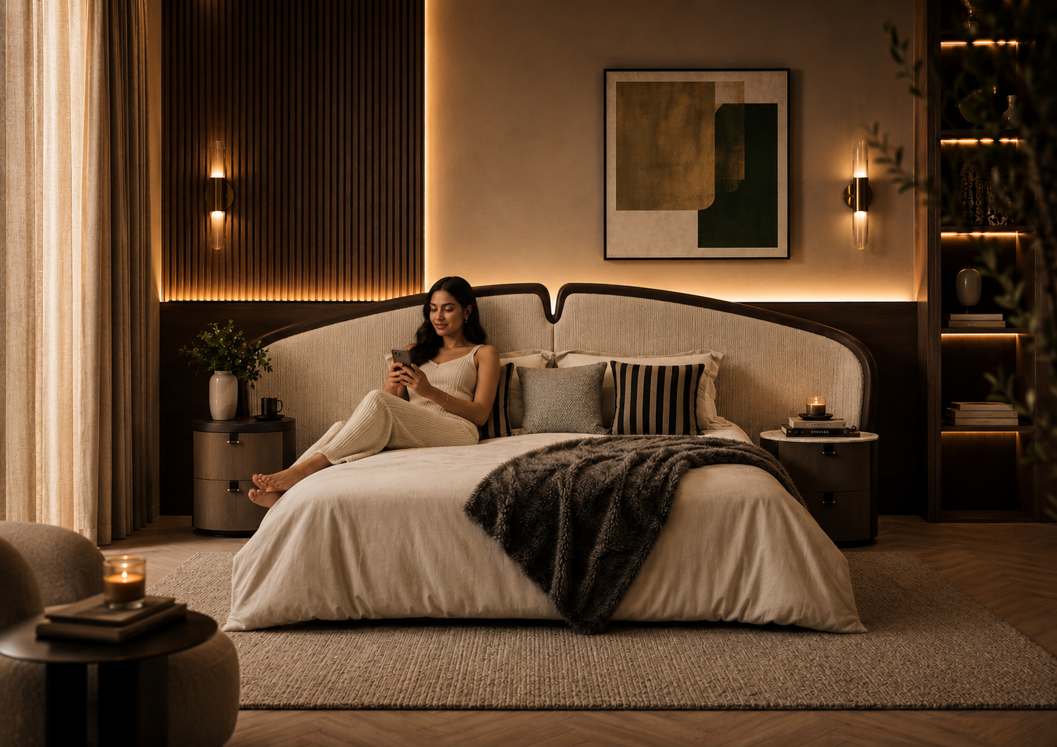 Cove Bed by Avian Lifestyle with wide ivory upholstered sculptural headboard and dark wood finish surround