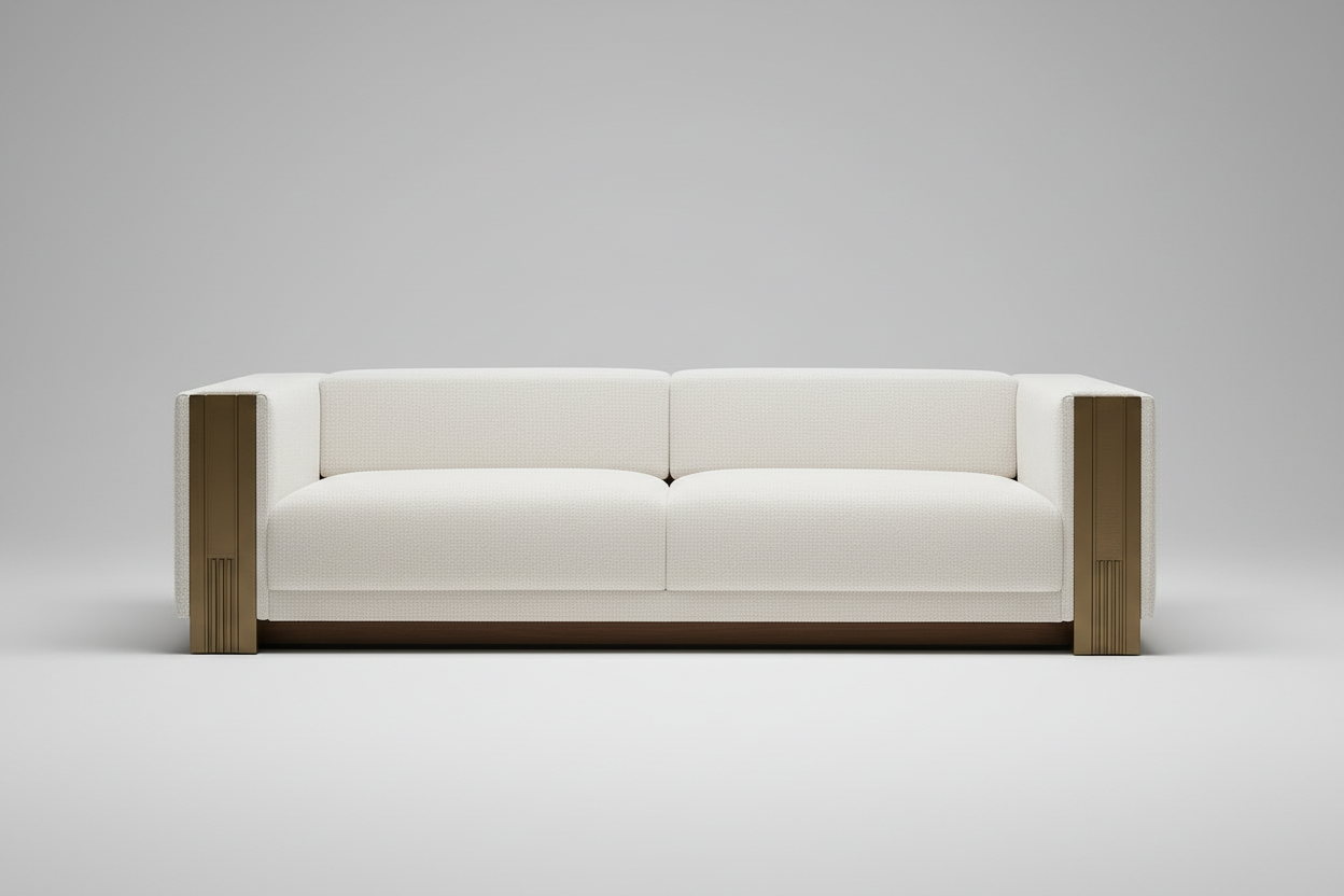 Beige sofa with wooden armrests in a living room setting