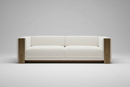 Beige sofa with wooden armrests in a living room setting