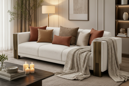 White sofa with wooden armrests in a living room setting