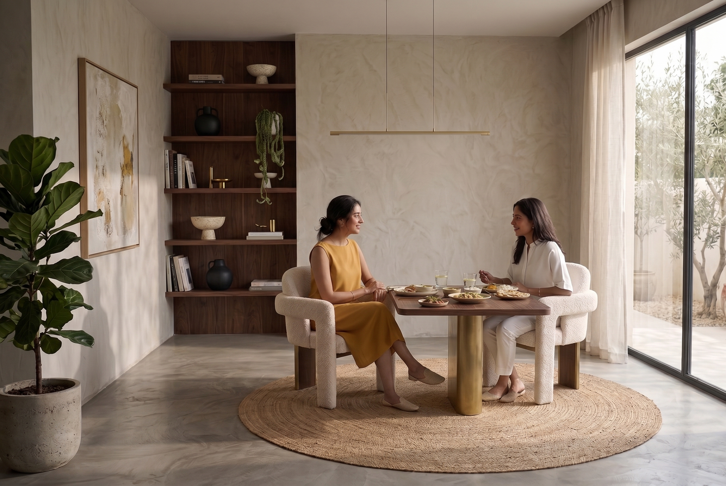 Two women sitting at a dining table in a modern living room with large windows.