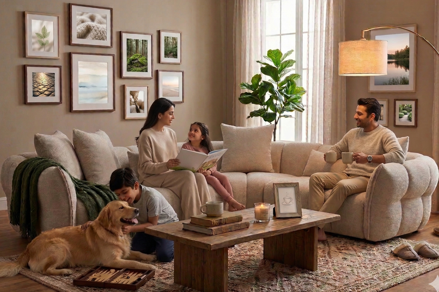 Family in a cozy living room with a dog
