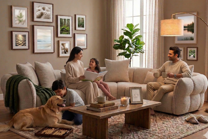 Family in a cozy living room with a dog