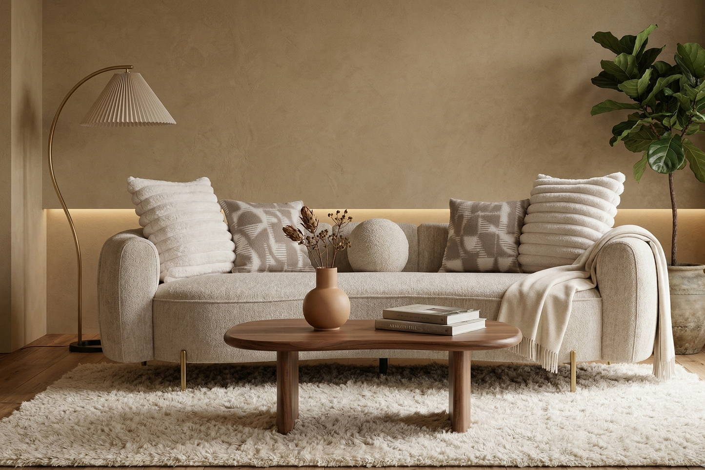 Cozy living room with a beige sofa, wooden coffee table, and decorative elements.