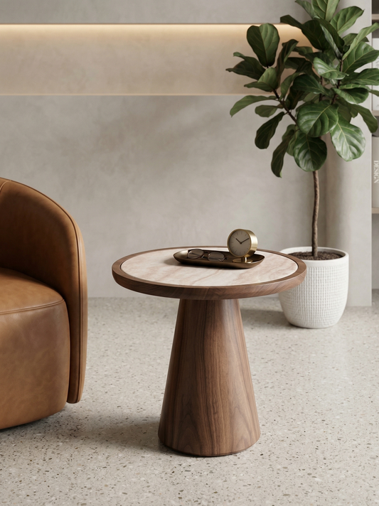Modern coffee table with a plant and bookshelf in a living room setting