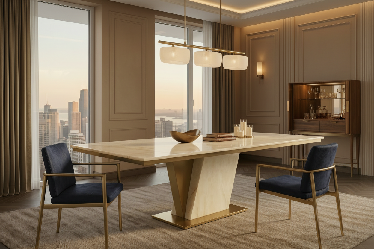 Modern dining room with a large table and chairs, cityscape view through windows.