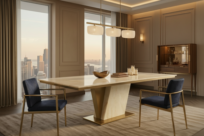 Modern dining room with a large table and chairs, cityscape view through windows.