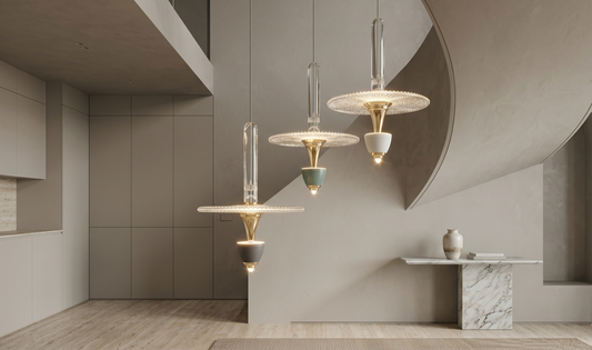 Modern interior with hanging pendant lights and a neutral color palette