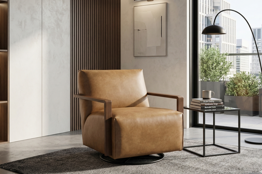 Brown leather armchair in a modern living room with large windows.