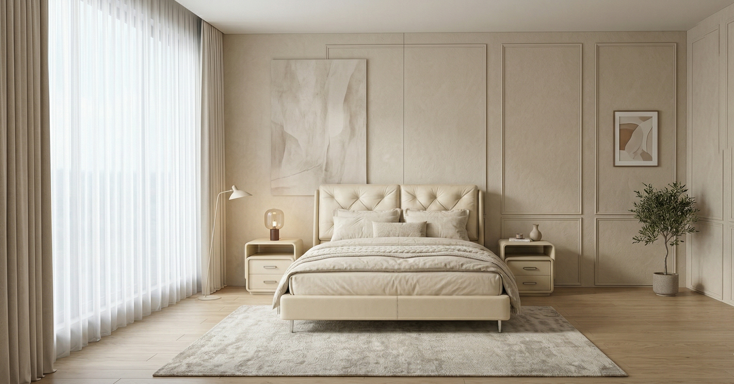 Modern bedroom with beige bed, nightstands, and wall art.