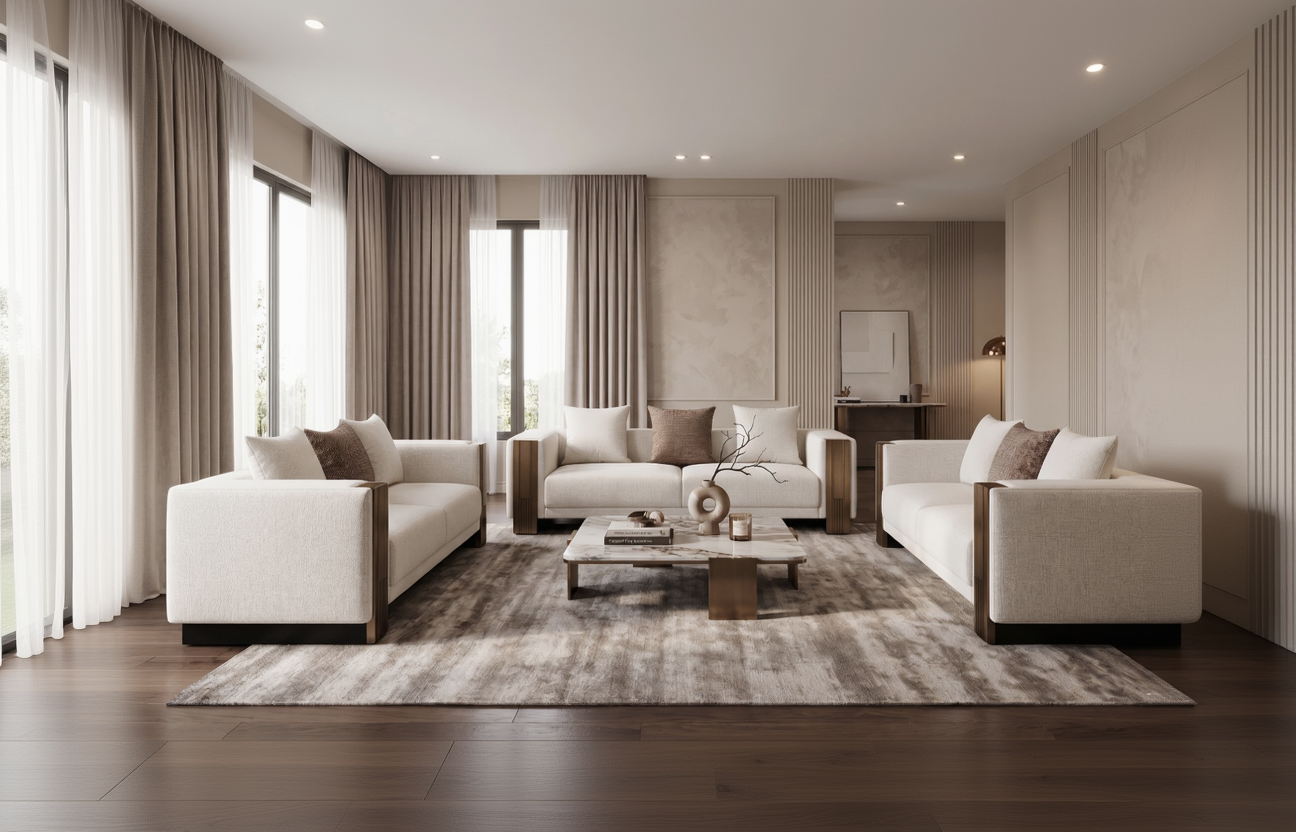 Modern living room with beige sofas, coffee table, and decorative items.