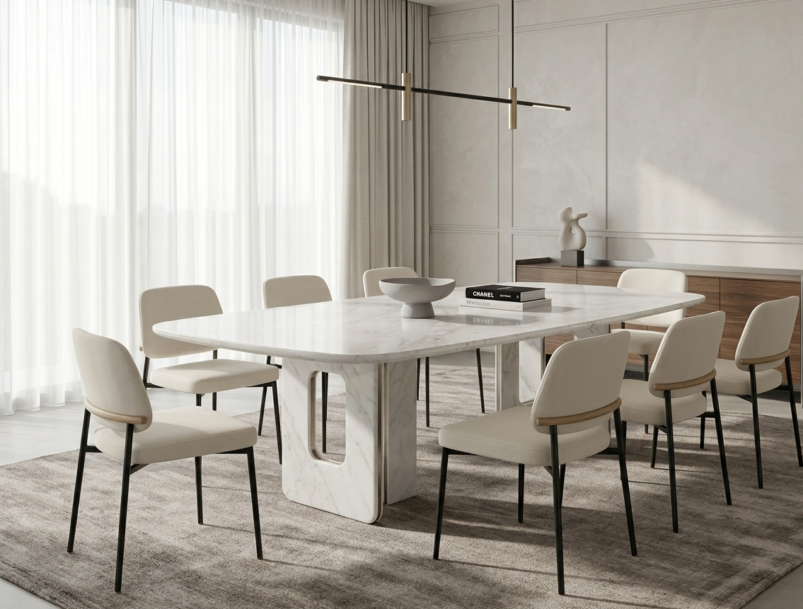 Modern dining room with a marble table and chairs in a well-lit room.