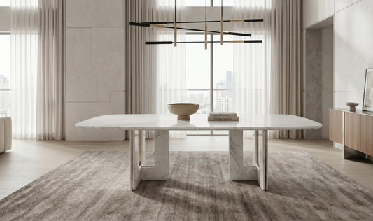 Modern dining room with a marble table and stylish decor