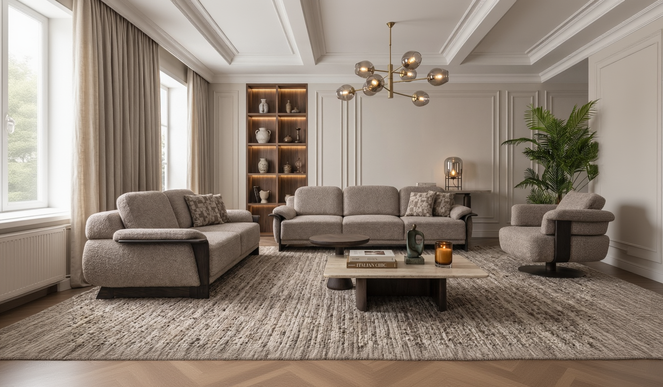 Modern living room with gray sofa, coffee table, and decorative items.