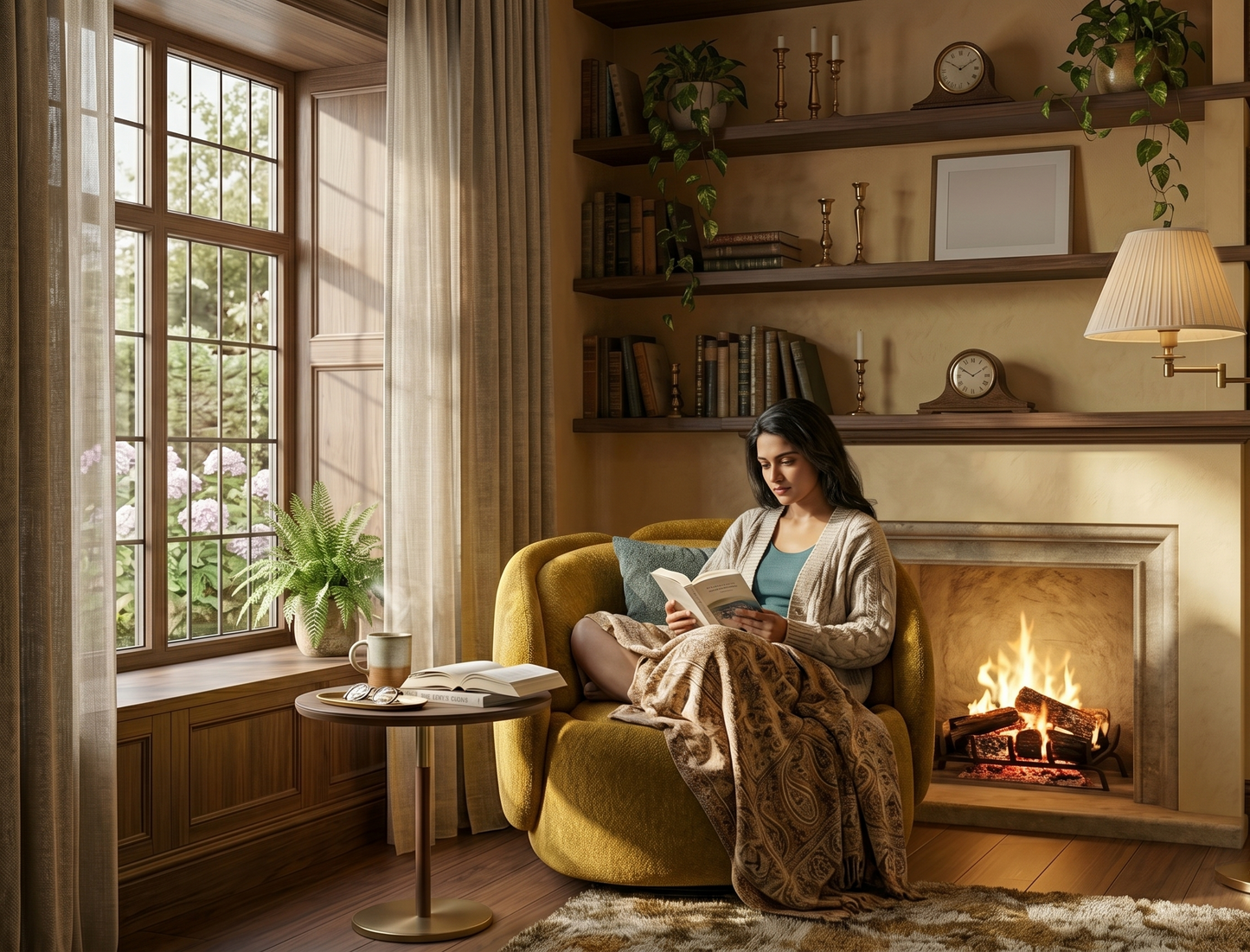 Woman reading a book in a cozy living room with a fireplace.