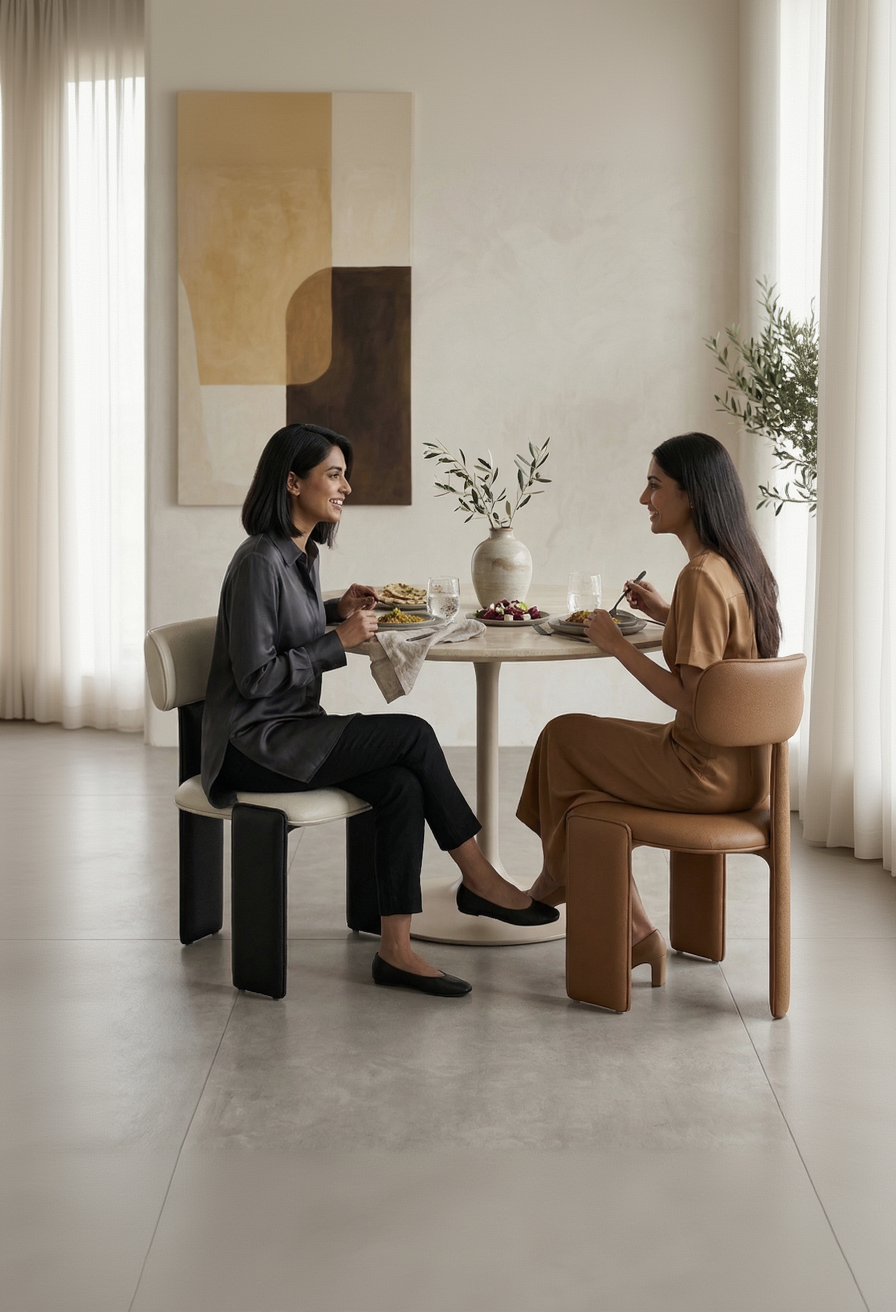 Two women sitting at a table in a modern interior setting, enjoying a meal together.