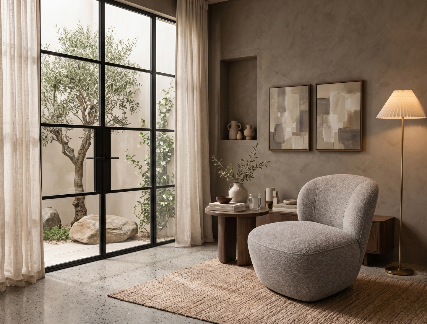 Modern living room with a gray armchair, floor lamp, and large windows.