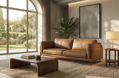 Modern living room with a brown leather sofa, coffee table, and side table.