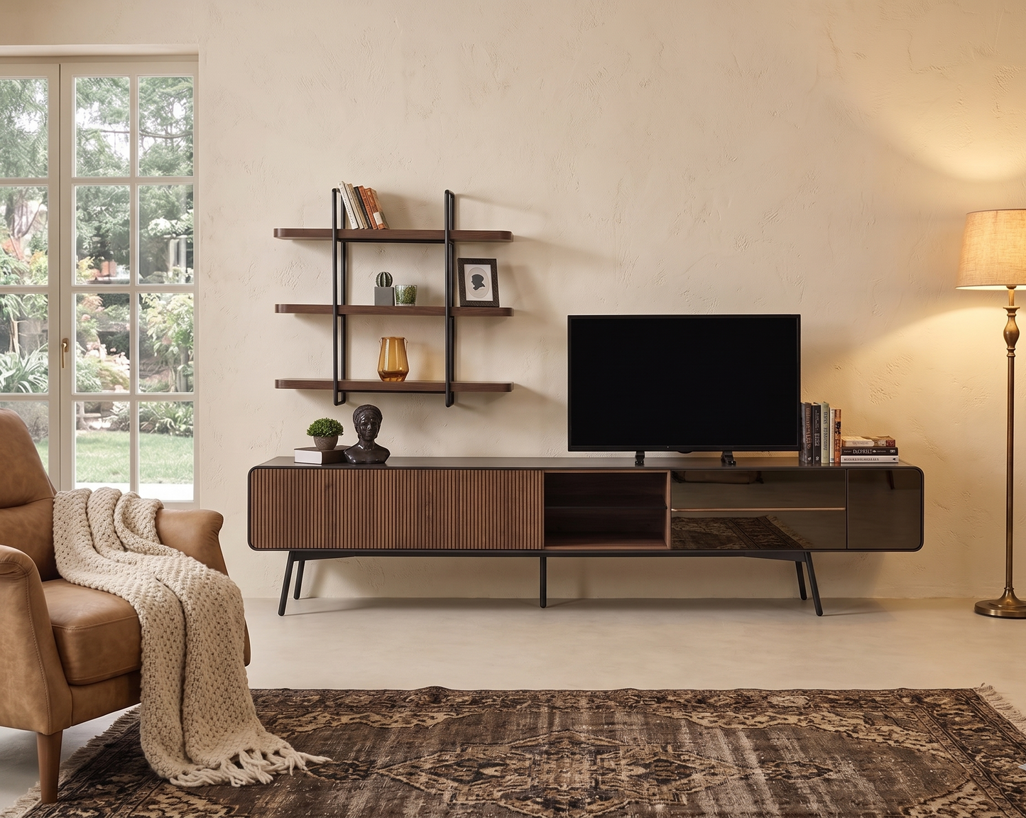 Modern living room with a television stand, shelves, and a lamp.