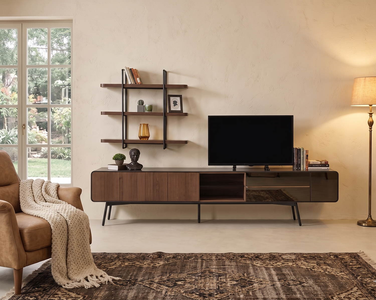 Modern living room with a television stand, shelves, and a lamp.