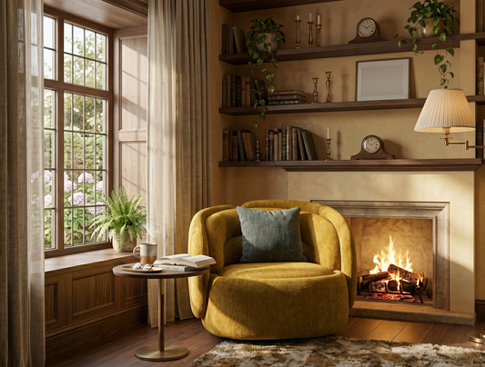Cozy living room with yellow armchair, fireplace, and bookshelves.
