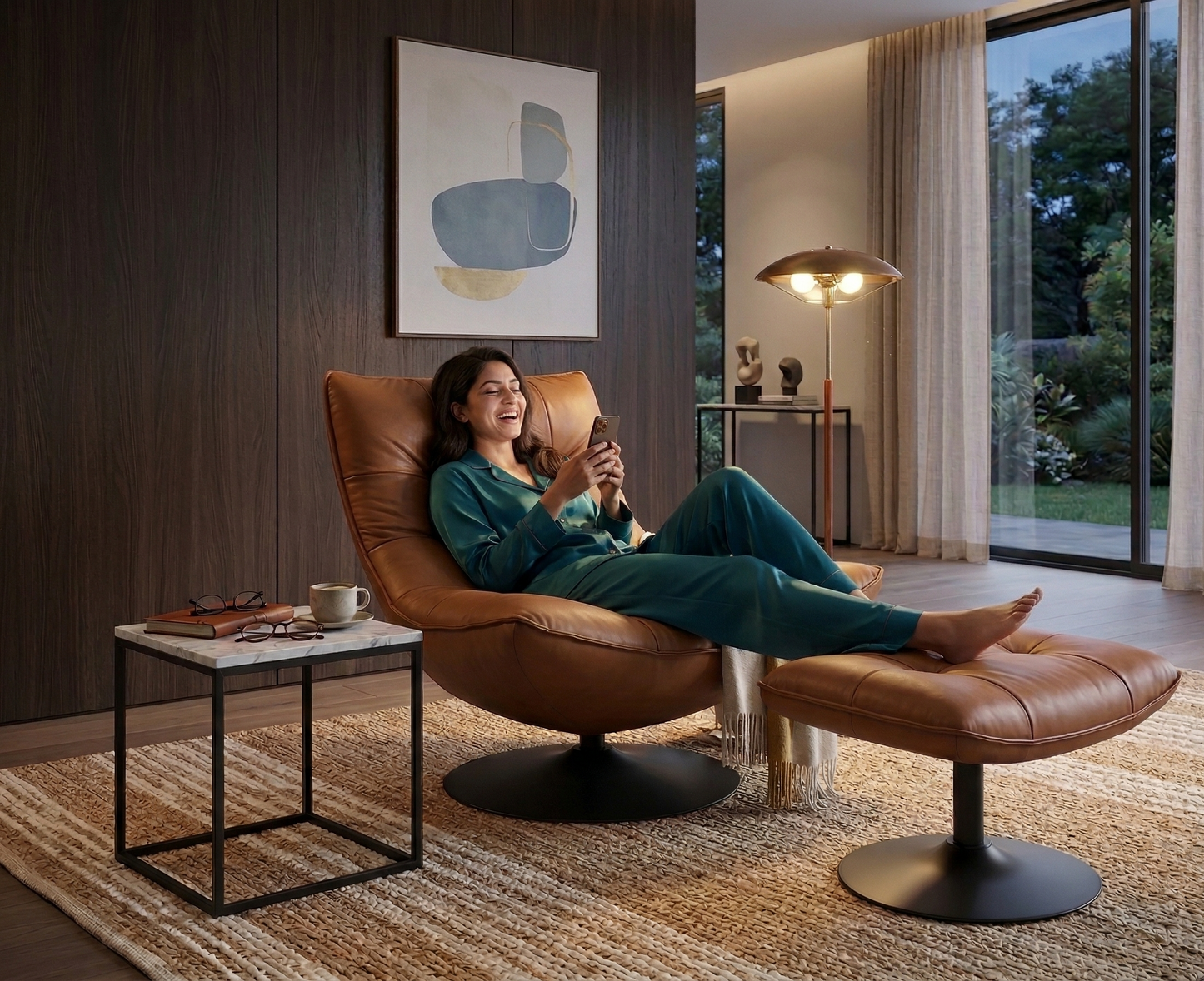 Woman sitting in a brown leather chair with ottoman in a modern living room.