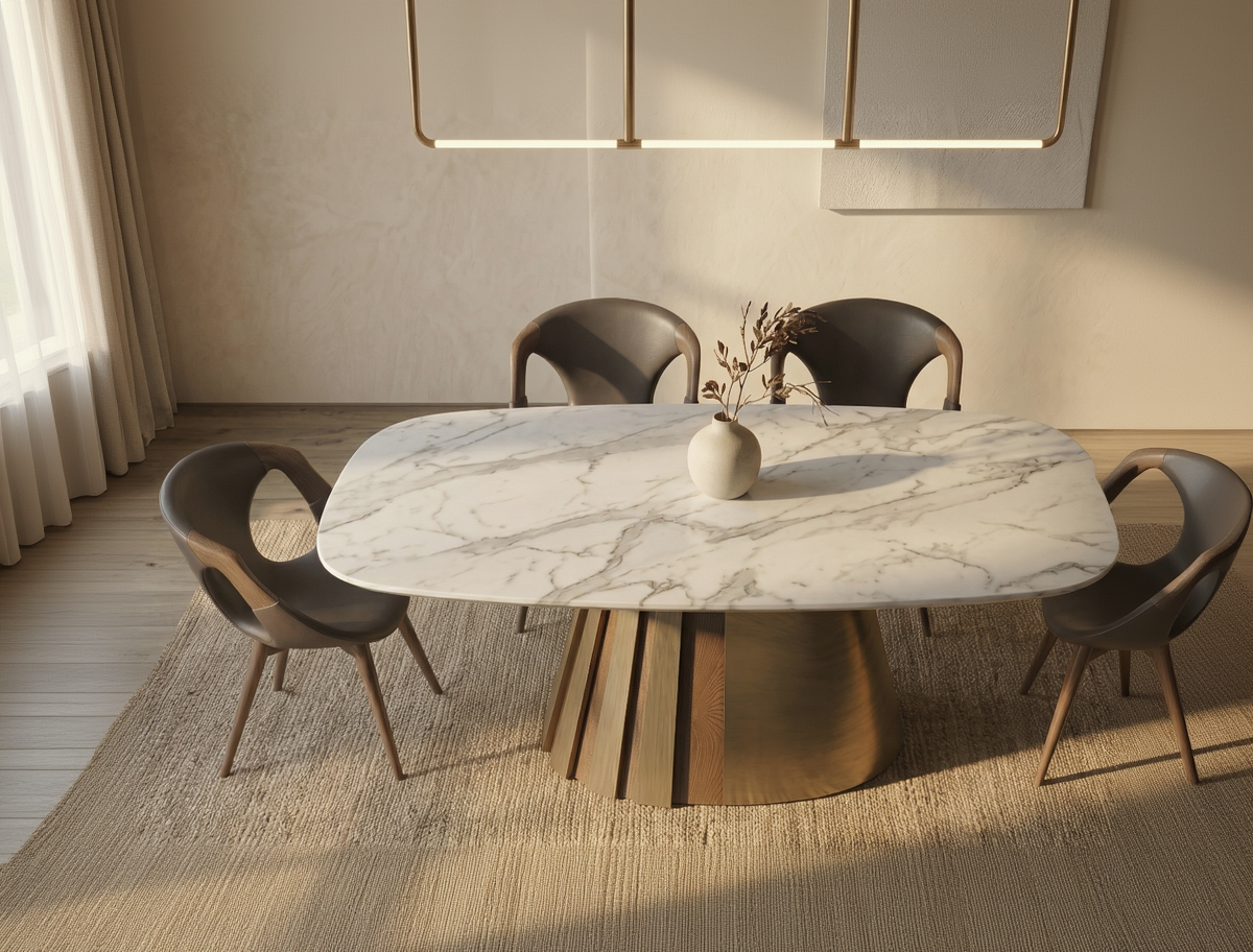 Dining room with a marble table and modern chairs.