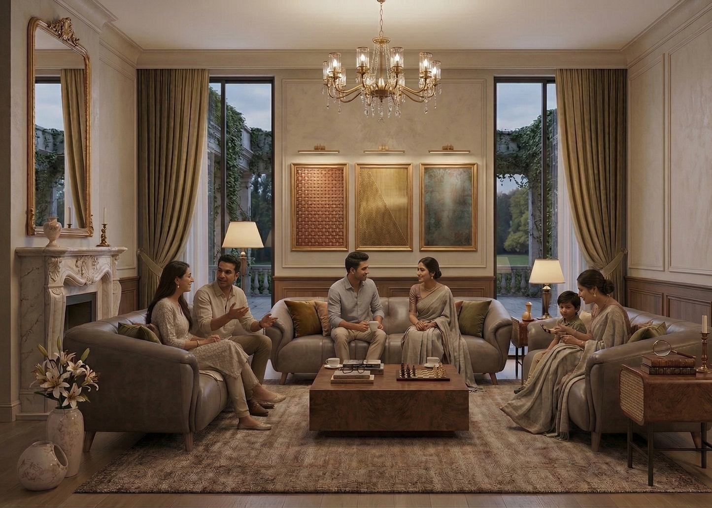 Elegant living room with a family gathered around a coffee table.