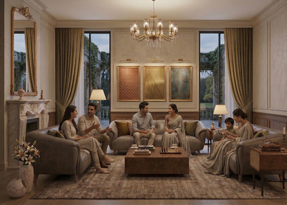 Elegant living room with a family gathered around a coffee table.