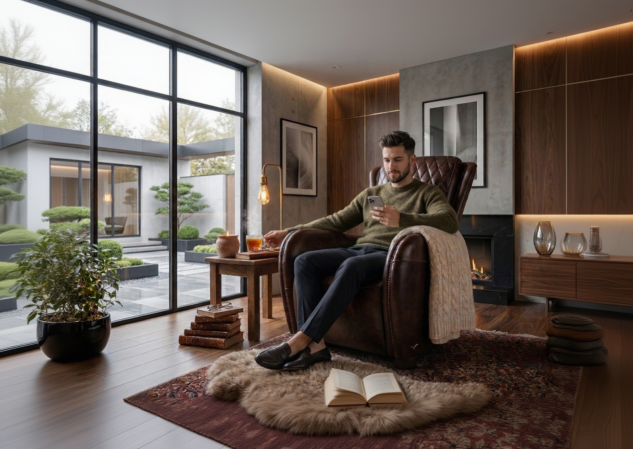 Man sitting in a cozy armchair in a modern living room, using a phone.