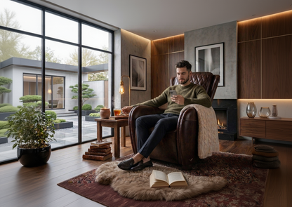 Man sitting in a cozy armchair in a modern living room, using a phone.