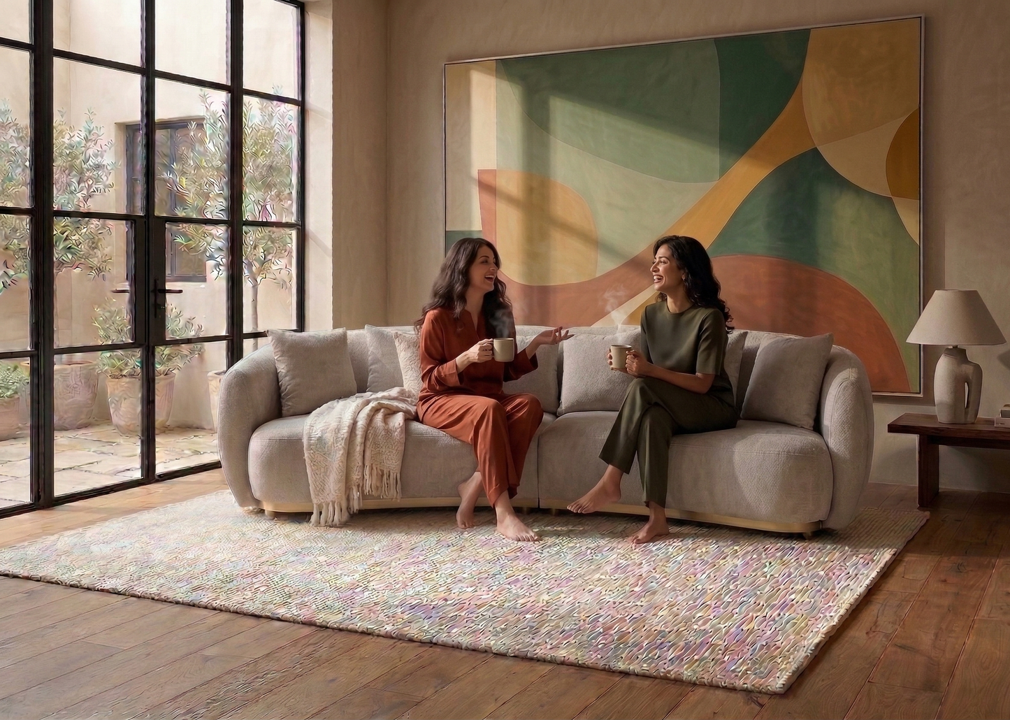 Two women sitting on a couch in a modern living room with a colorful abstract painting on the wall.