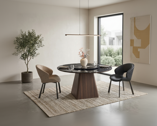 Modern dining room with a round table and chairs near a large window.