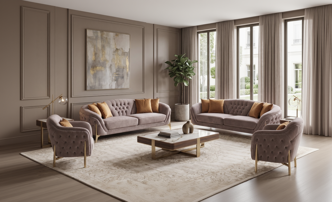 Luxurious living room with gray tufted sofas, armchairs, and a coffee table.