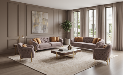 Luxurious living room with gray tufted sofas, armchairs, and a coffee table.