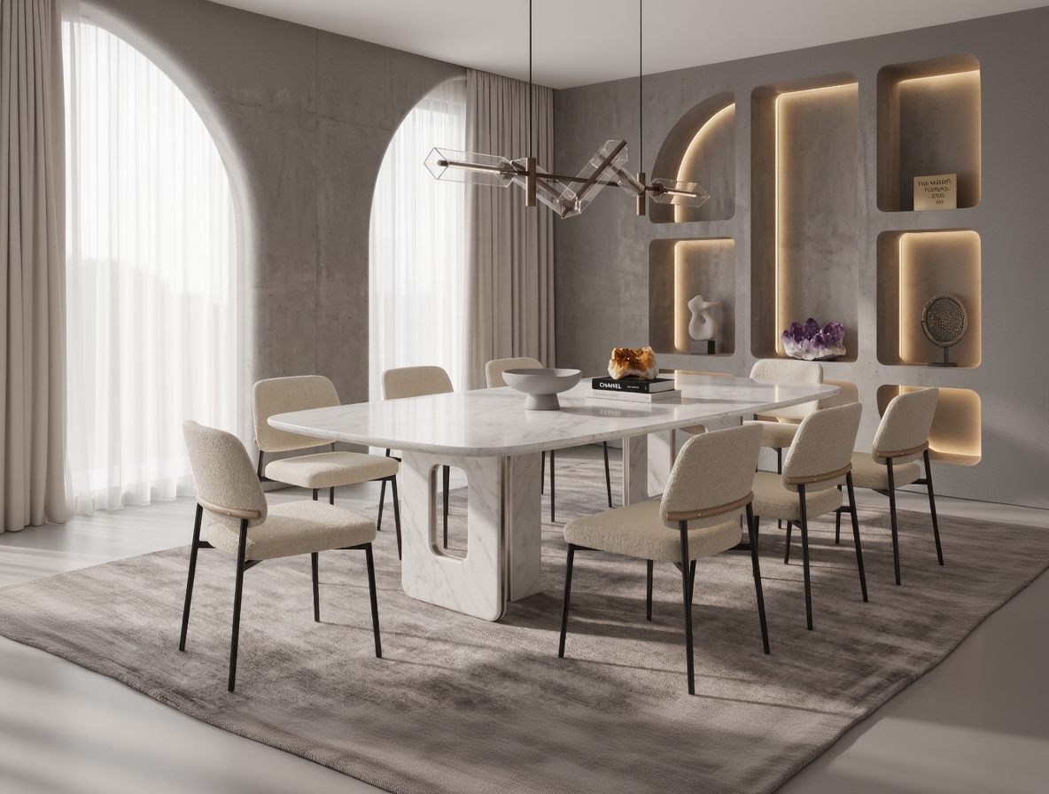 Modern dining room with a marble table and beige chairs in a stylish interior.