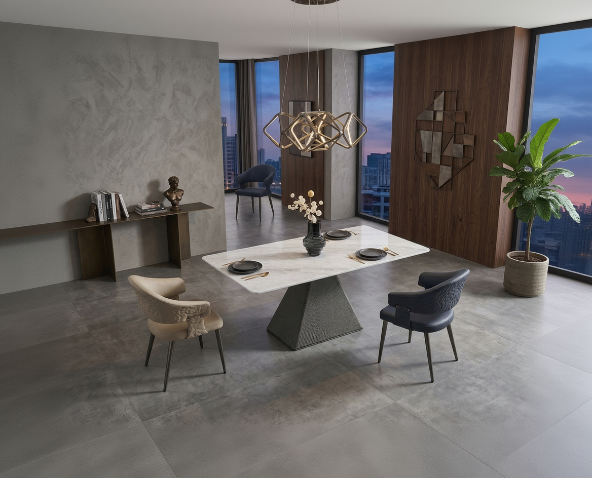 Modern dining room with a white marble table and stylish chairs, featuring a cityscape view.