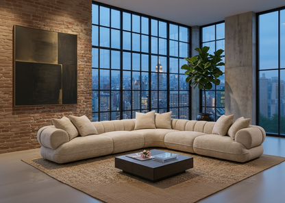 Modern living room with a large sectional sofa, coffee table, and cityscape view.